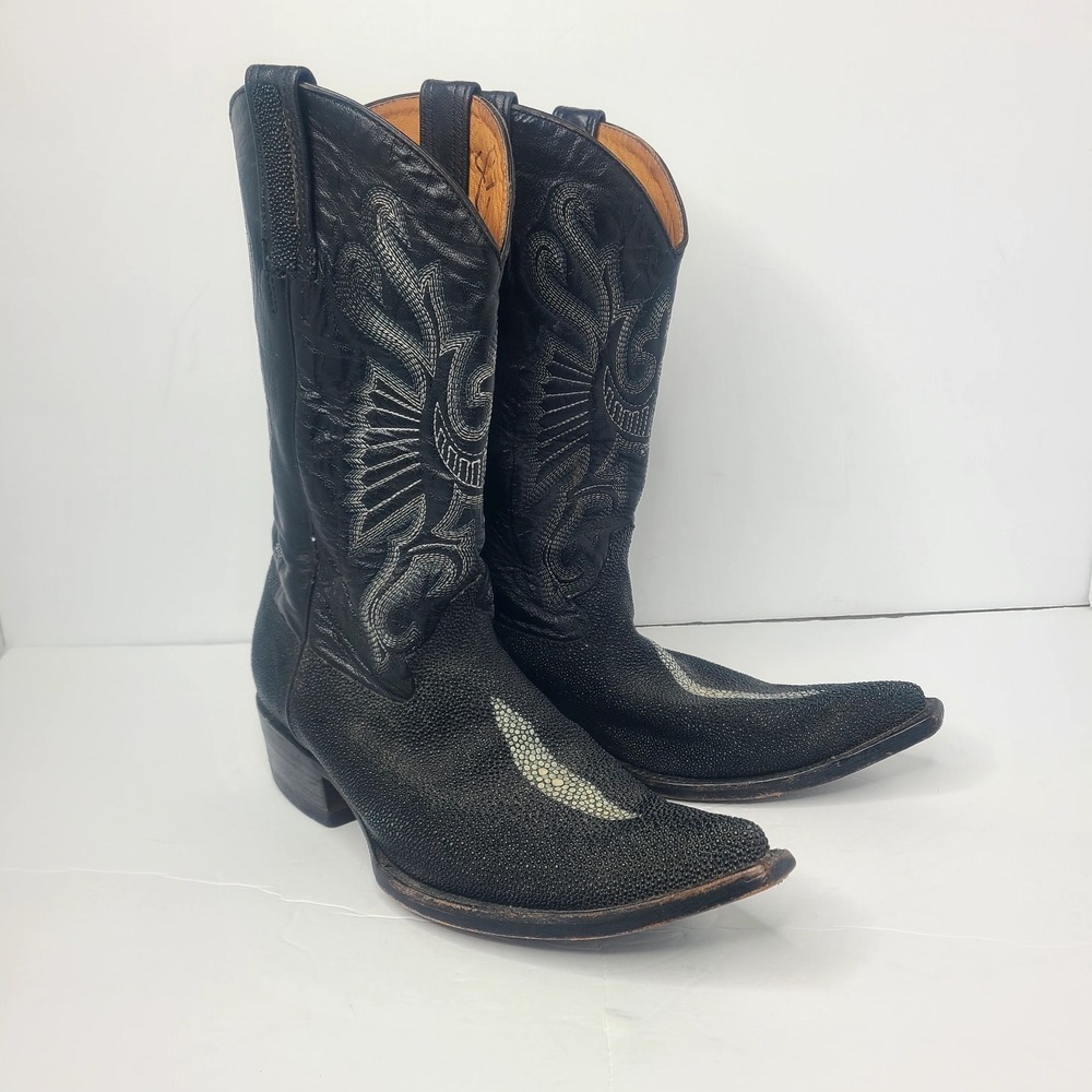 Vintage Black Stingray Leather Western Cowboy Boots Men's Size 8.5 Snip Toe